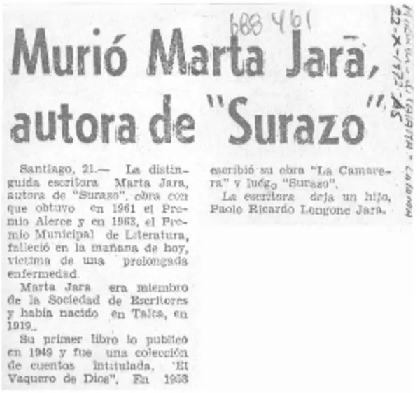 Murió Marta Jara, autora de "Surazo".  [artículo]