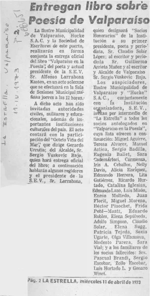 Entregan libro sobre poesía de Valparaíso.  [artículo]