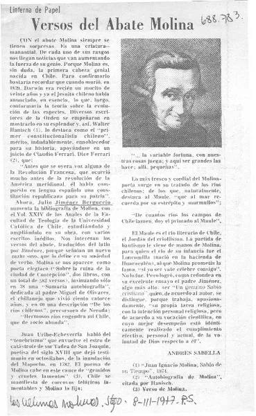 Versos del Abate Molina  [artículo] Andrés Sabella.