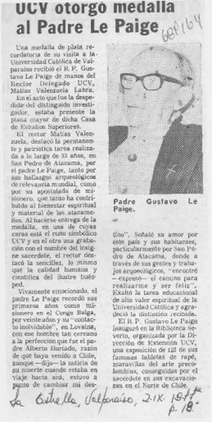 UCV otorgó medalla al Padre Le Paige.  [artículo]