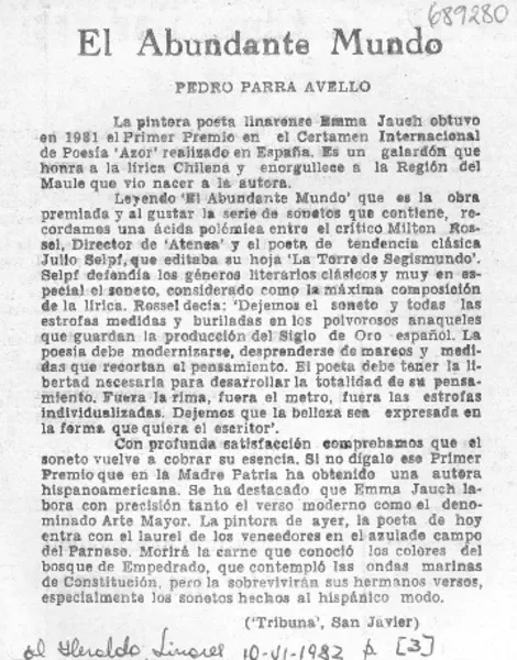 El abundante mundo  [artículo] Pedro Parra Avello.