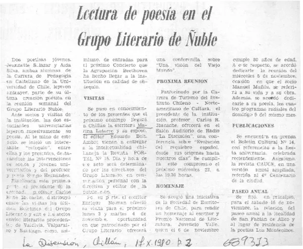 Lectura de poesía en el Grupo Literario de Ñuble.  [artículo]
