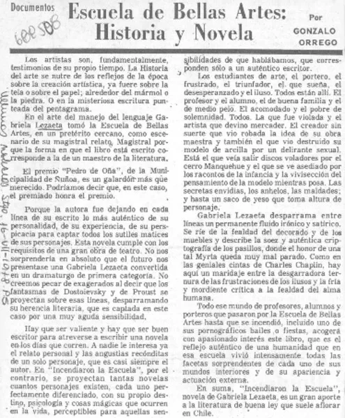 Escuela de Bellas Artes: historia y novela  [artículo] Gonzalo Orrego.