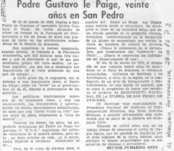 Padre Gustavo Le Paige, veinte años en San Pedro  [artículo] Héctor Pumarino Soto.