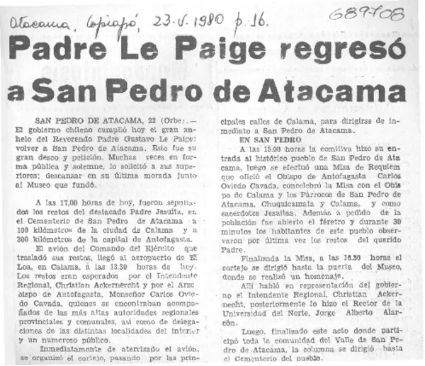 Padre Le Paige regresó a San Pedro de Atacama.  [artículo]