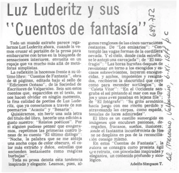 Luz Luderitz y sus "Cuentos de fantasía"  [artículo] Adolfo Simpson T.