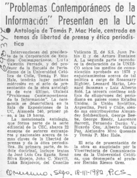 Problemas contemporáneos de la información" presentan en la UC.  [artículo]