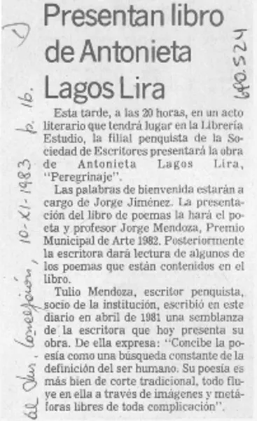 Presentan libro de Antonieta Lagos Lira.  [artículo]