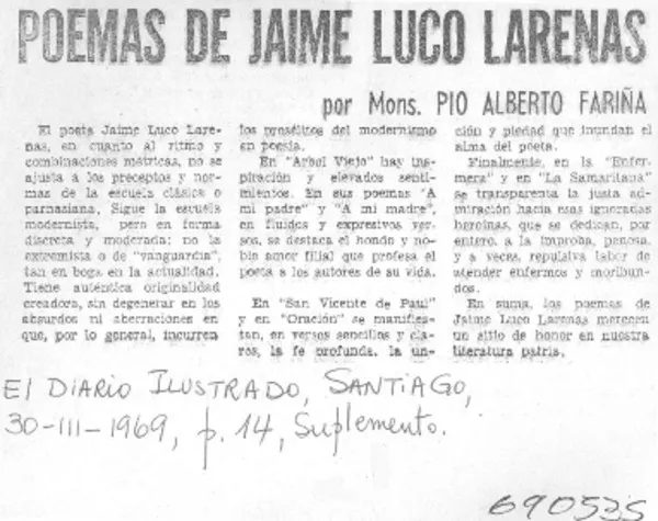 Poemas de Jaime Luco Larenas  [artículo] Pío Alberto Fariña.