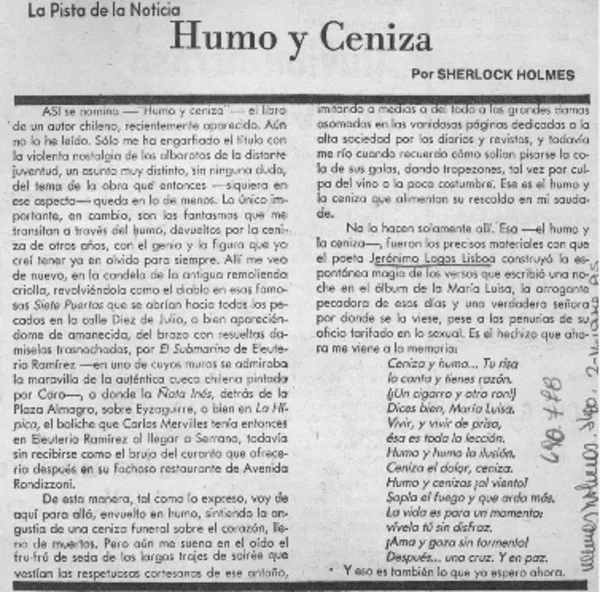 Humo y ceniza  [artículo] Sherlock Holmes.