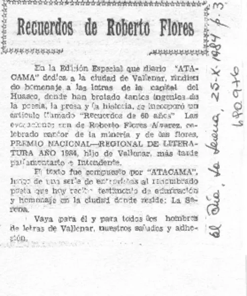 Recuerdos de Roberto Flores.  [artículo]