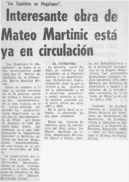 Interesante obra de Mateo Martinic está ya en circulación.  [artículo]