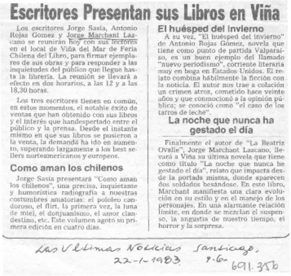 Escritores presentan sus libros en Viña.  [artículo]