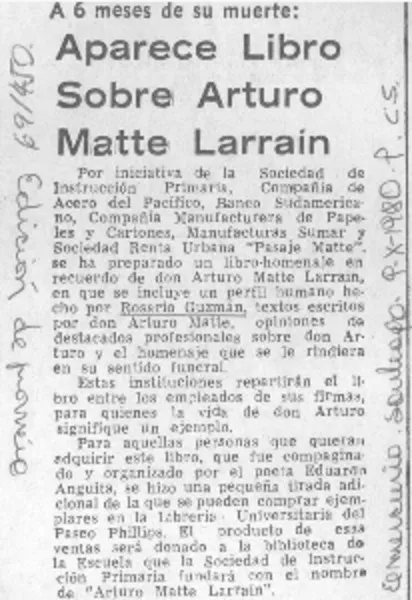 Aparece libro sobre Arturo Matte Larraín.  [artículo]