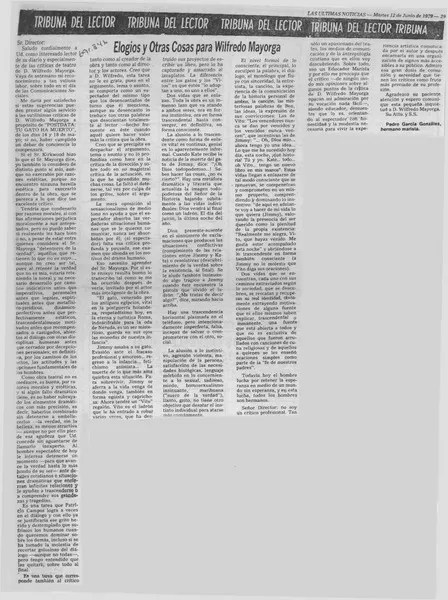 Elogios y otras cosas para Wilfredo Mayorga  [artículo] Pedro García González.