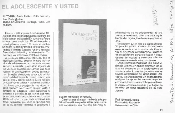 El adolescente y usted  [artículo] Emma S. Salas.