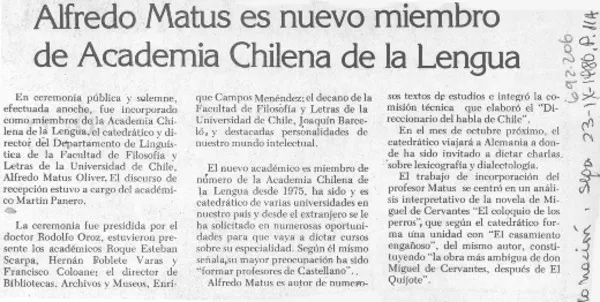 Alfredo Matus es nuevo miembro de Academia Chilena de la Lengua.  [artículo]
