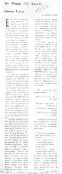 Un poeta del amor: Omar Lara  [artículo] Oscar Muñoz.
