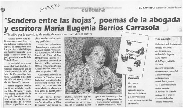 "Sendero entre las hojas", poemas de la abogada y escritora María Eugenia Berríos Carrasola  [artículo].