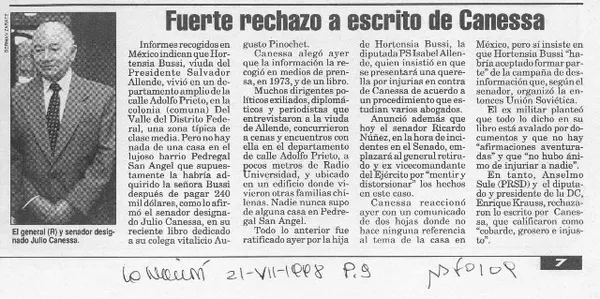 Fuerte rechazo a escrito de Canessa  [artículo].