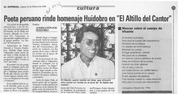 Poeta peruano rinde homenaje Huidobro en "El altillo del cantor"  [artículo].