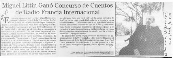 Miguel Littin ganó concurso de cuentos de Radio Francia Internacional  [artículo].