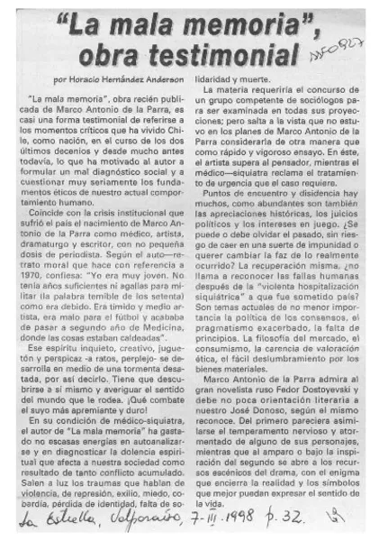 "La mala memoria", obra testimonial  [artículo] Horacio Hernández Anderson.