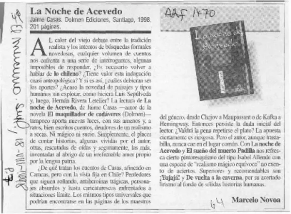 La noche de Acevedo  [artículo] Marcelo Novoa.