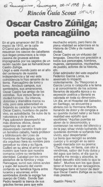Oscar Castro Zúñiga, poeta rancagüino  [artículo] Gastón Pérez V.