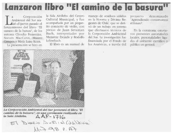 Lanzaron libro "El camino de la basura"  [artículo].