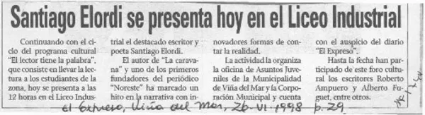 Santiago Elordi se presenta hoy en el Liceo Industrial  [artículo].