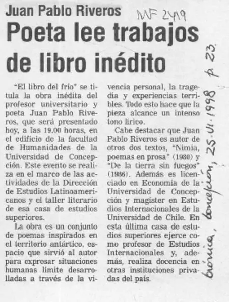 Poeta lee trabajos de libro inédito  [artículo].