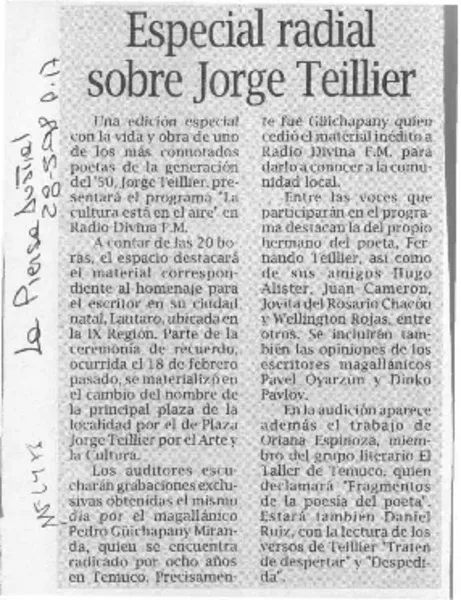 Especial radial sobre Jorge Teillier  [artículo].