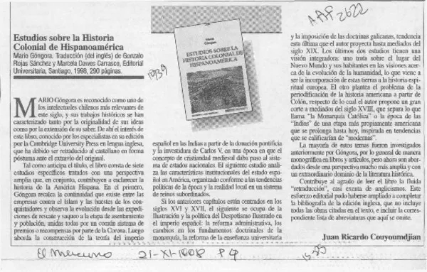 Estudios sobre la historia colonial de hispanoamérica  [artículo] Juan Ricardo Couyoumdjian.