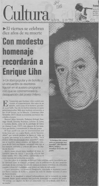Con modesto homenaje recordarán a Enrique Lihn  [artículo].