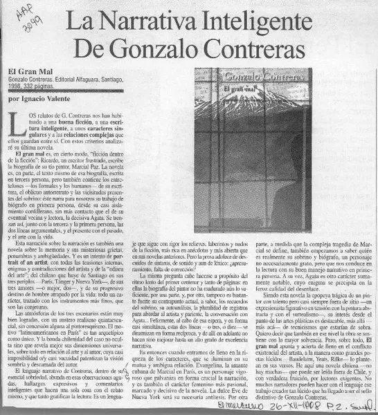 La narrativa inteligente de Gonzalo Contreras  [artículo] Ignacio Valente.