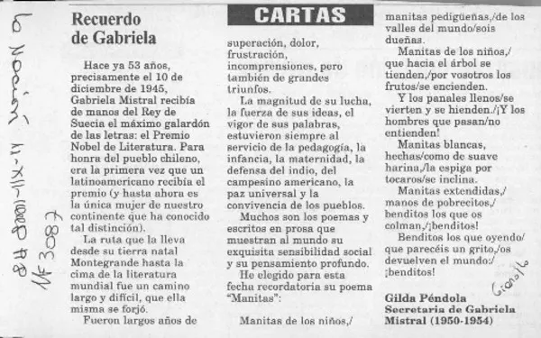 Recuerdo de Gabriela  [artículo] Gilda Péndola.