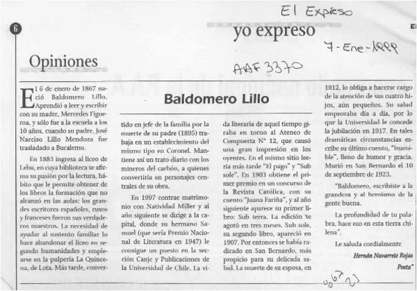 Baldomero Lillo  [artículo] Hernán Navarrete Rojas.