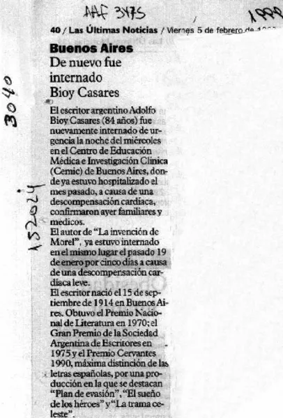 De nuevo fue internado Bioy Casares  [artículo].