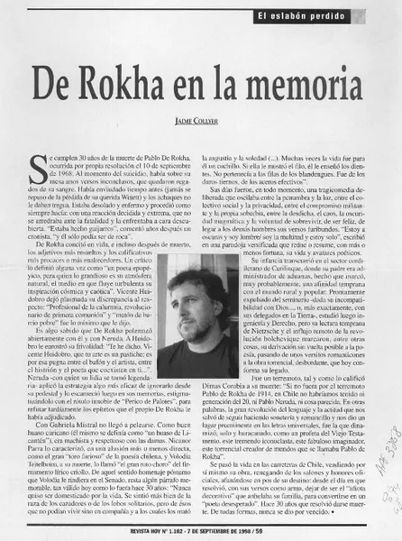 De Rokha en la memoria  [artículo] Jaime Collyer.