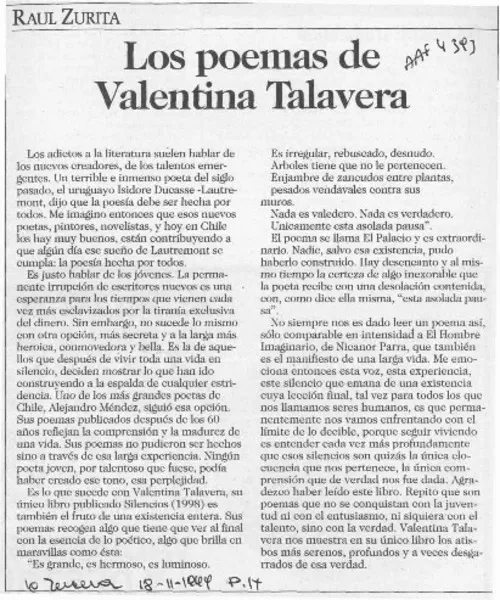 Los poemas de Valentina Talavera  [artículo] Raúl Zurita.
