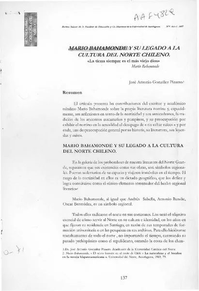 Mario Bahamonde y su legado a la cultura del norte chileno  [artículo] José Antonio González Pizarro.