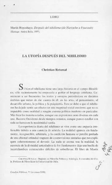 La utopía después del nihilismo  [artículo] Christian Retamal.