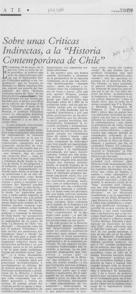 Sobre unas críticas indirectas, a la "Historia contemporánea de Chile"  [artículo] Gabriel Zalazar.