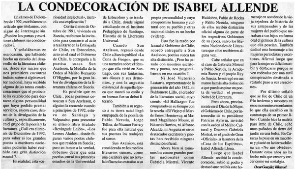 La condecoración de Isabel Allende  [artículo] Oscar González Villarroel.