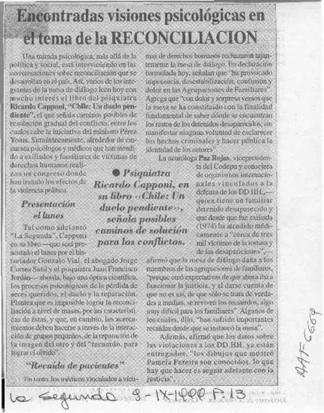 Encontradas visiones psicológicas en el tema de la reconciliación  [artículo].
