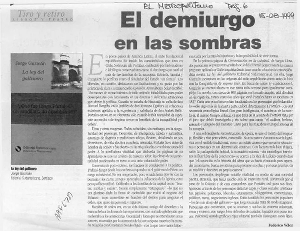 El demiurgo en la sombras  [artículo] Federico Vélez.