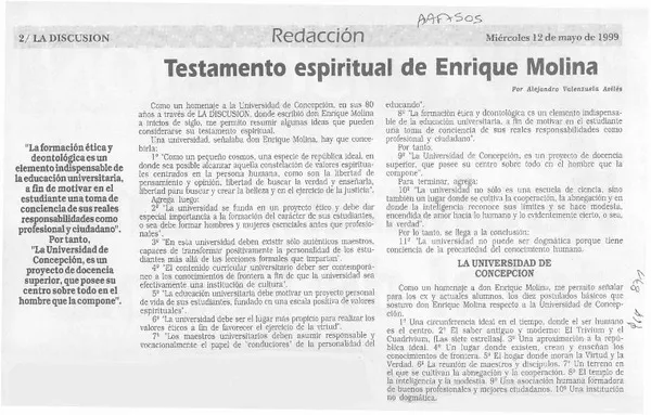 Testamento espiritual de Enrique Molina  [artículo] Alejandro Valenzuela Avilés.
