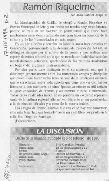 Ramón Riquelme  [artículo] Juan Gabriel Araya G.