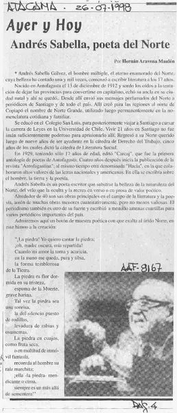 Andrés Sabella, poeta del norte  [artículo] Hernán Aravena Maulén.